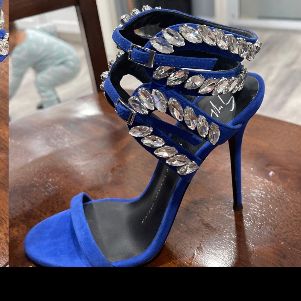 Giuseppe Zanotti Claudia  Sandal  Blue Heels with Crystal Embellishments